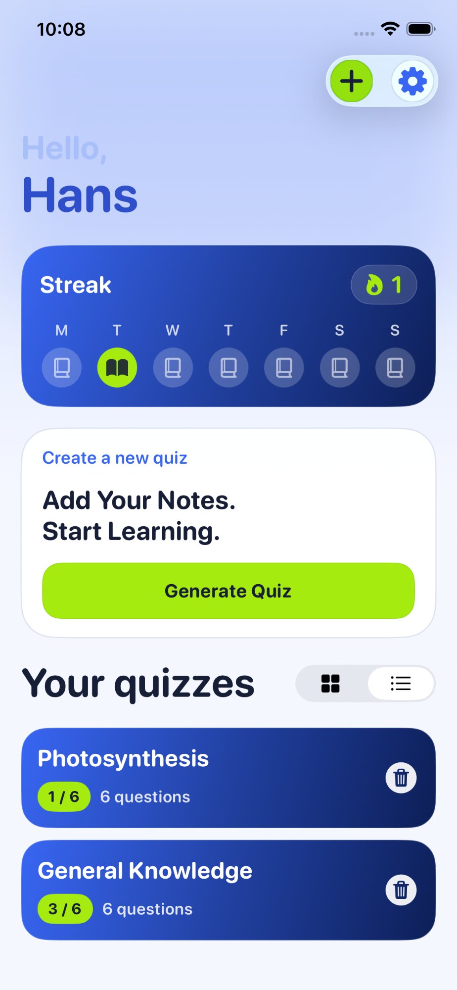 Quizcam home screen showing streak tracker and quiz library