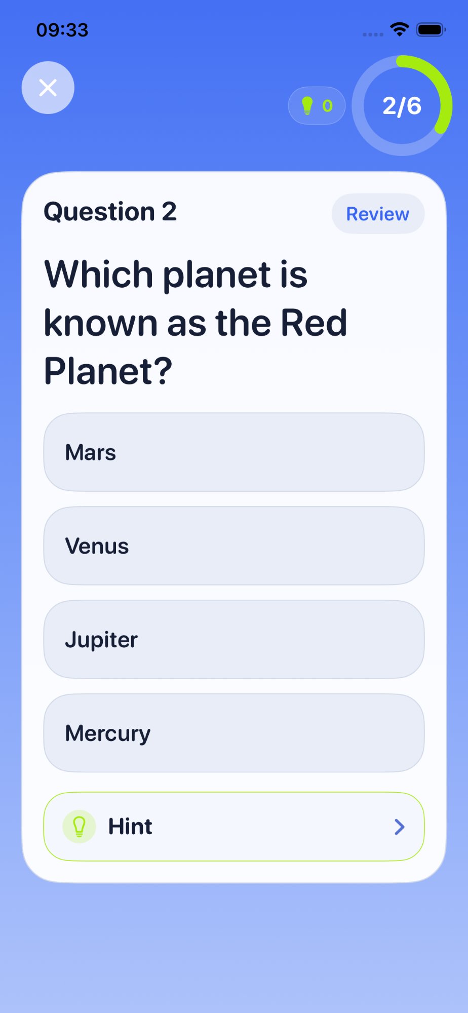Quiz question screen with multiple choice answers
