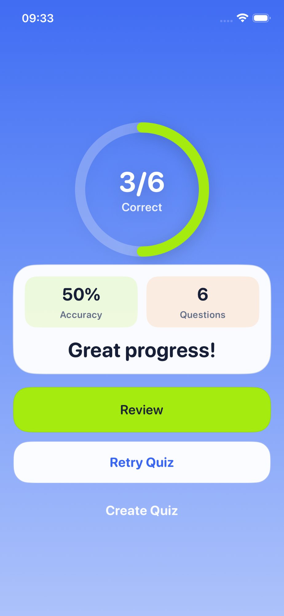 Quiz results screen showing 3/6 correct with accuracy
